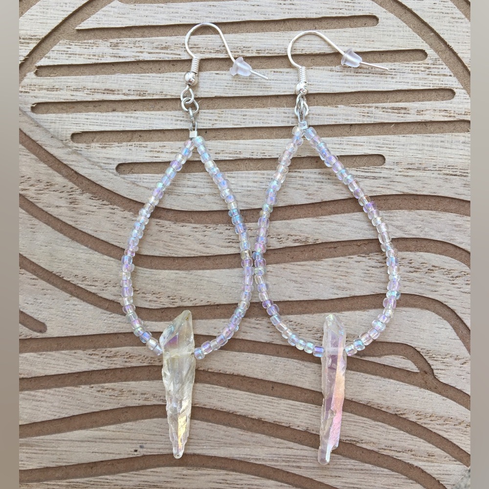 Iridescent Quartz Crystal Teardrop Bead Earrings - with Aurora Opal seed beads